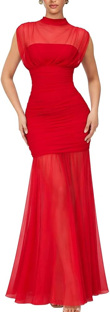 LAGSHIAN Women's Elegant Formal Long Dress Sleeveless Mesh High Neck Ruched Cocktail Party Maxi D... | Amazon (US)