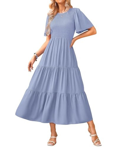 KIRUNDO Casual Summer Dresses for Women 2026 Flutter Short Sleeve Midi Dress Smocked Modest Church A Line Flowy Ruffle Tiered Dress Resort Wear(Large, Light Blue) | Amazon (US)