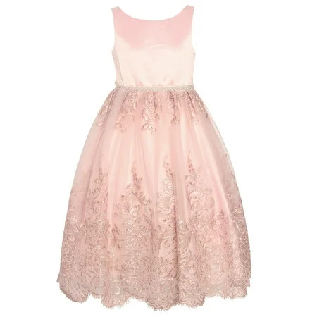 Little Girls Blush Satin Pearl Trim Adorned Lace Tulle Flower Girl Dress | Walmart (US)