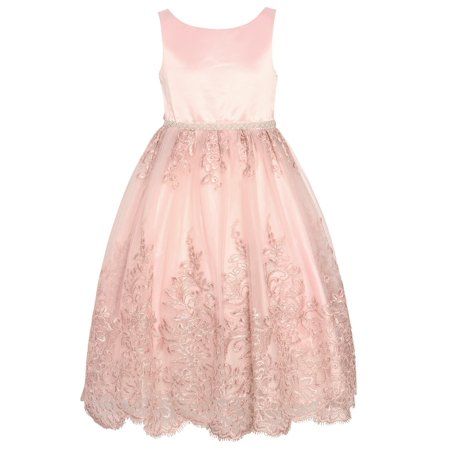 Little Girls Blush Satin Pearl Trim Adorned Lace Tulle Flower Girl Dress | Walmart (US)