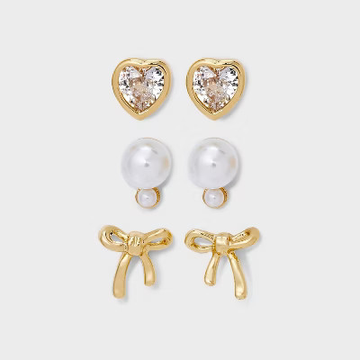14K Gold Dipped Cubic Zirconia Pearl Heart Bow Earring Set 3pc - A New Day™ Gold/Ivory | Target