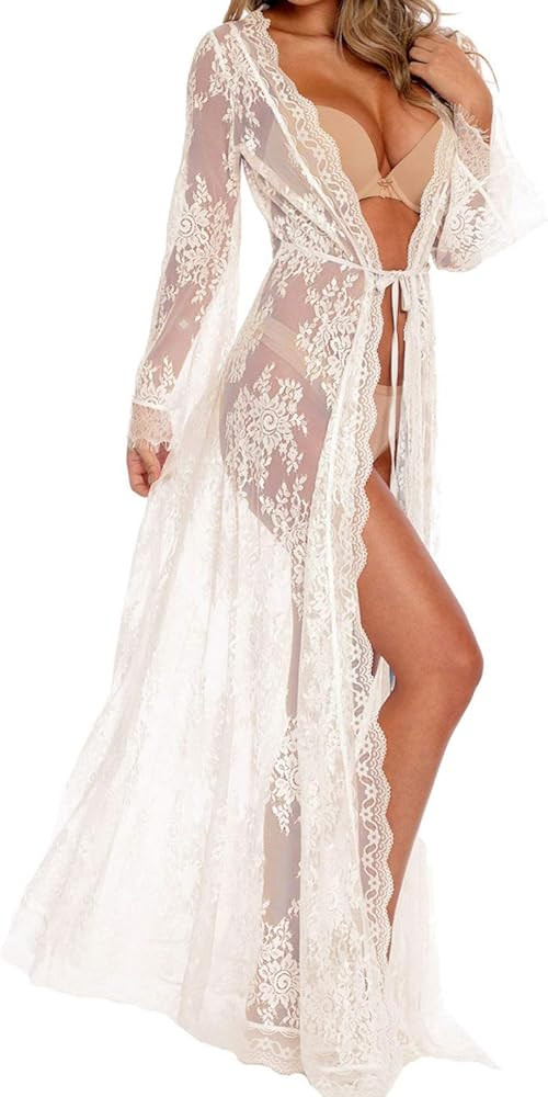BUTTZO Women Sexy Long Lace Dress Sheer Gown See Through Lingerie Kimono Robe Swimsuit Cover Up | Amazon (US)