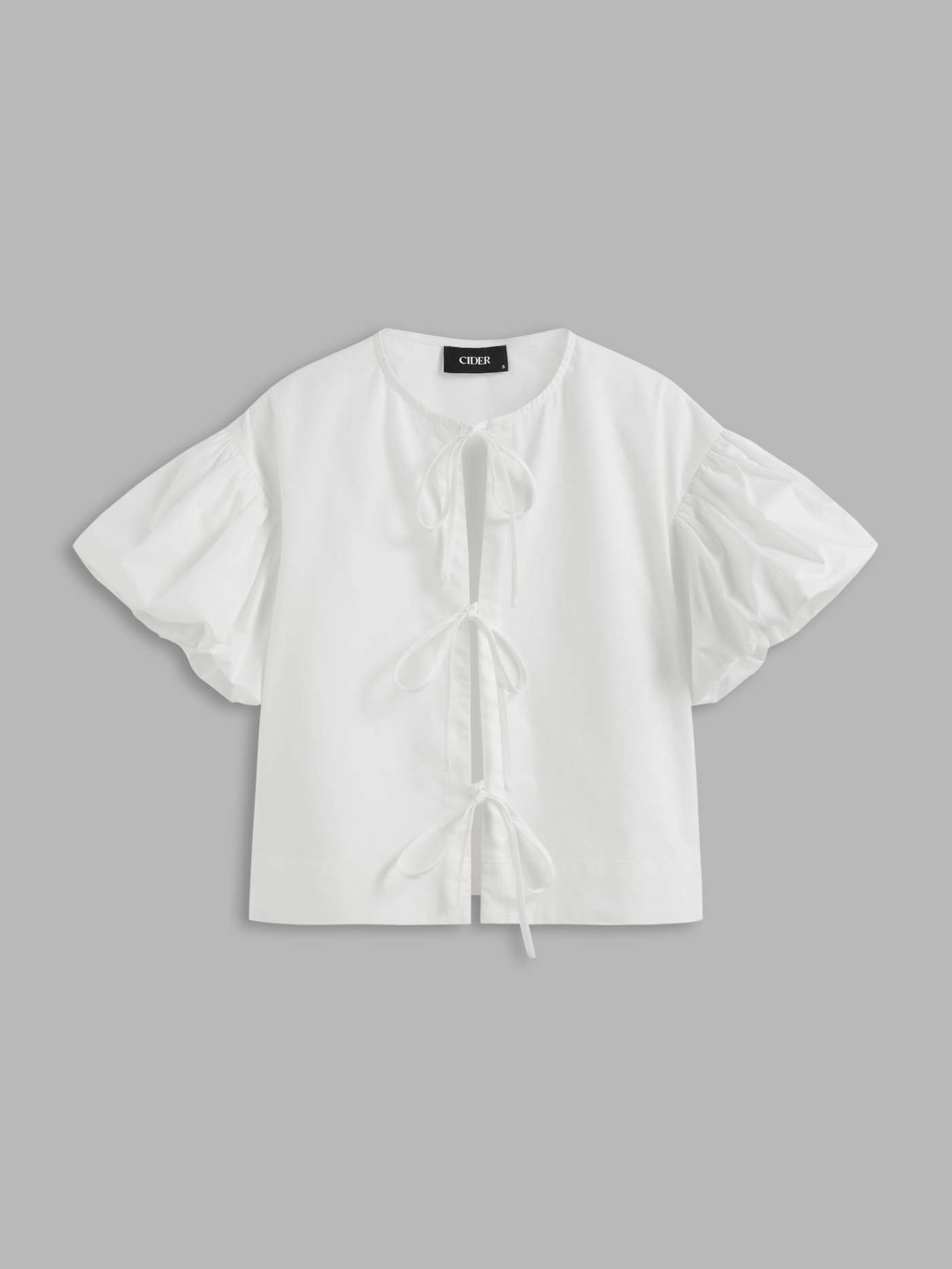 100% Cotton Round Neck Solid Knotted Bubble Sleeve Shirt | Cider