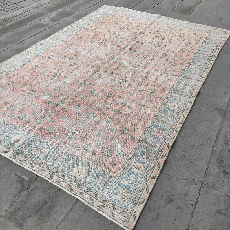 7x10 Vintage Oversized Turkish Rug: 6.59 X 10.07 Ft, Handmade Wool Melon Pastel Floral Area Rug -... | Etsy (US)