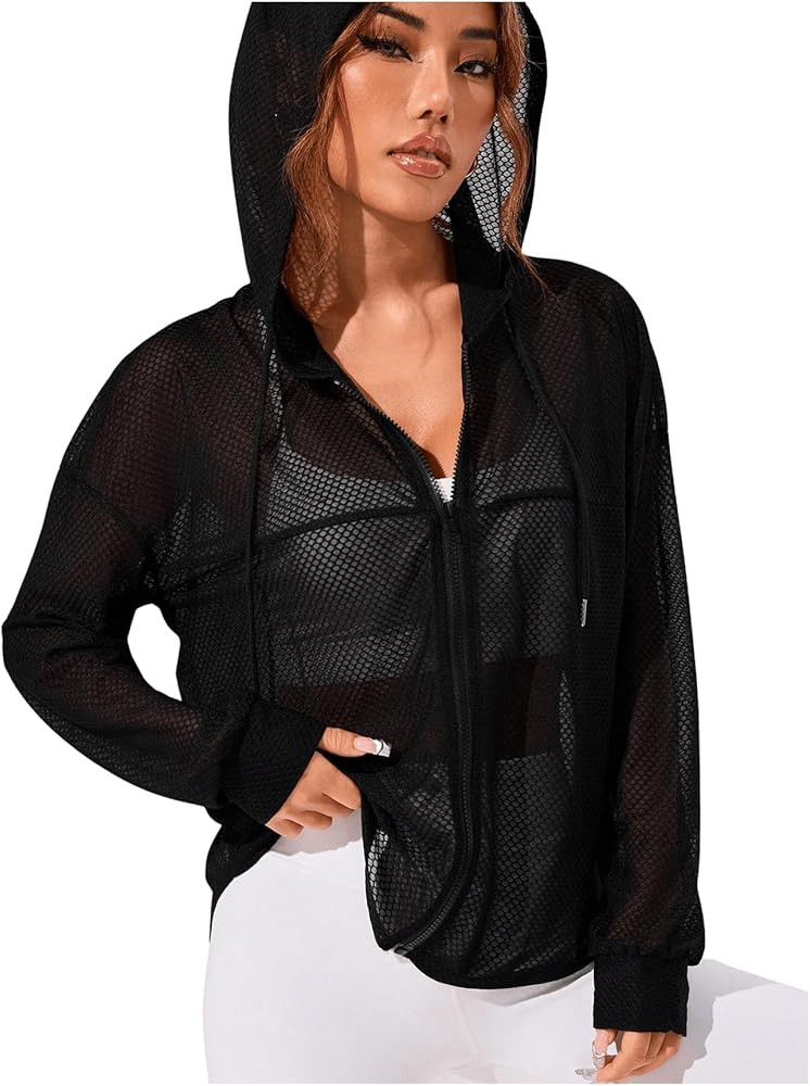SweatyRocks Women's Zip Up Hoodie Sheer Mesh Hooded Workout Running Jackets | Amazon (US)