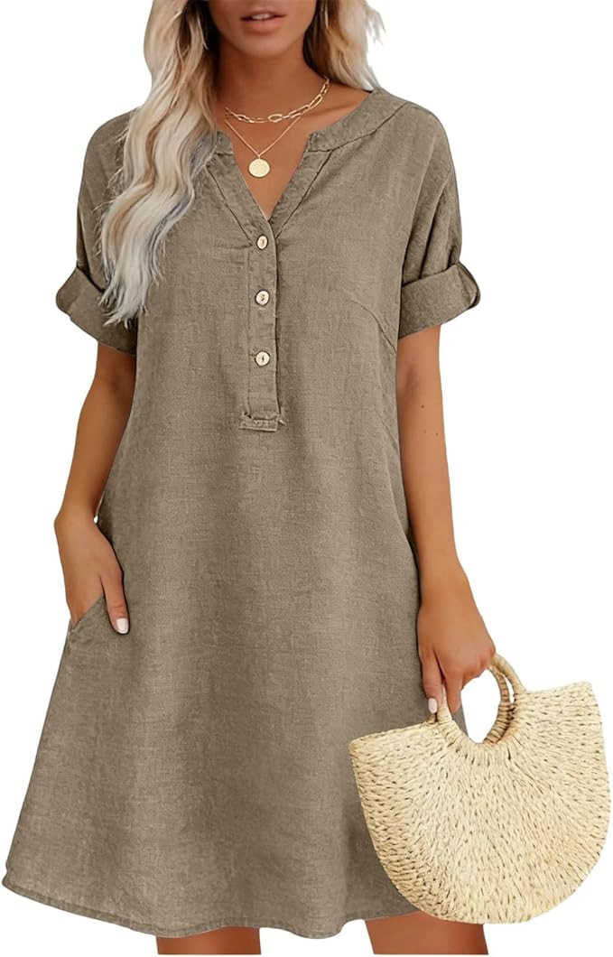 Summer Dress for Women Cotton Linen Short Sleeves Boho Flowy House Dresses Plus Size Lounge Sun D... | Amazon (US)