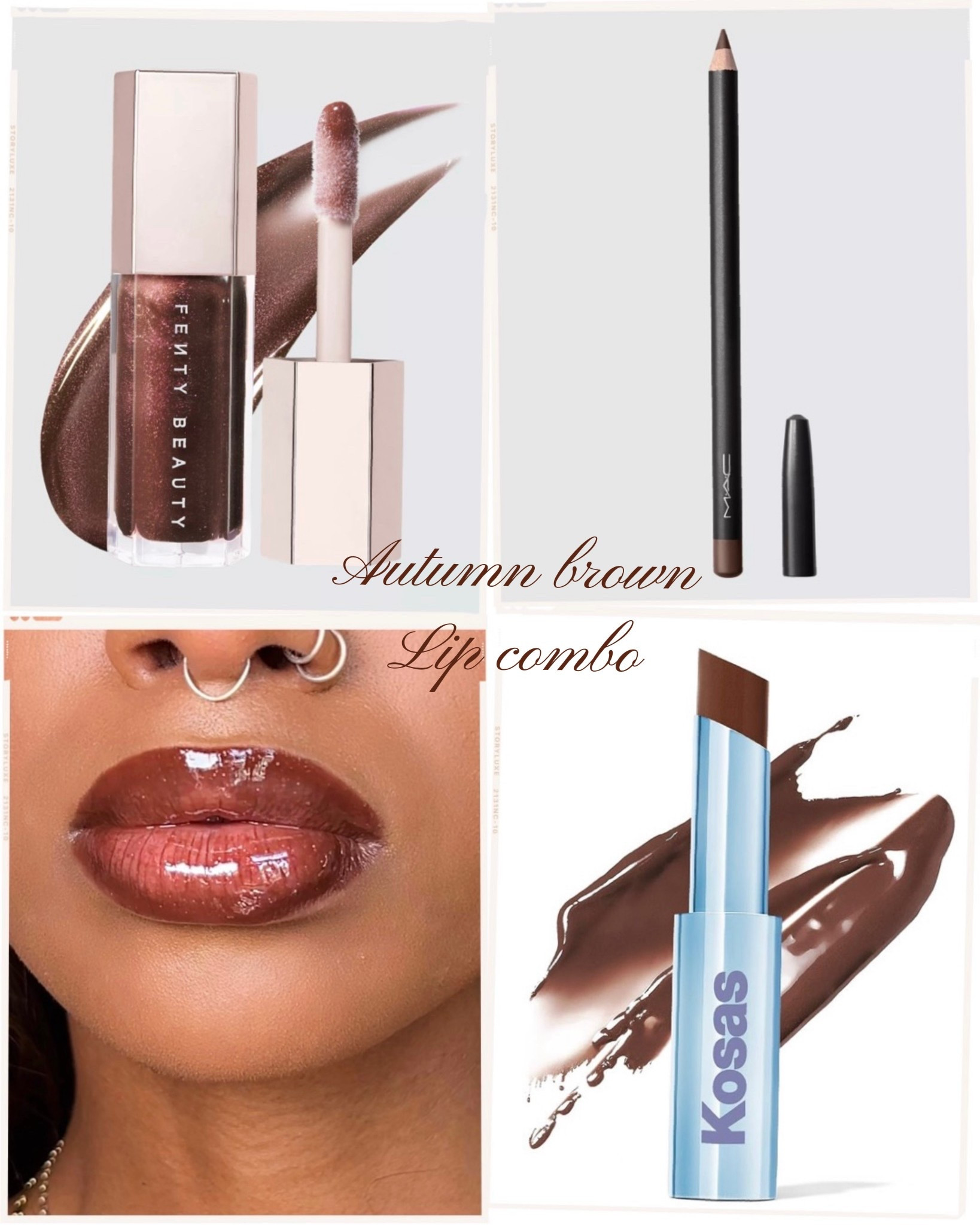 Autumn lip combo brown lipgloss
Lip liner: Mac - Chestnut
Lipstick: Kosas - Cinnamon Spritz
Gloss: Fenty - Hot Chocolit

Autumn makeup lip oil

#LTKbeauty #LTKsale #LTKgiftguide