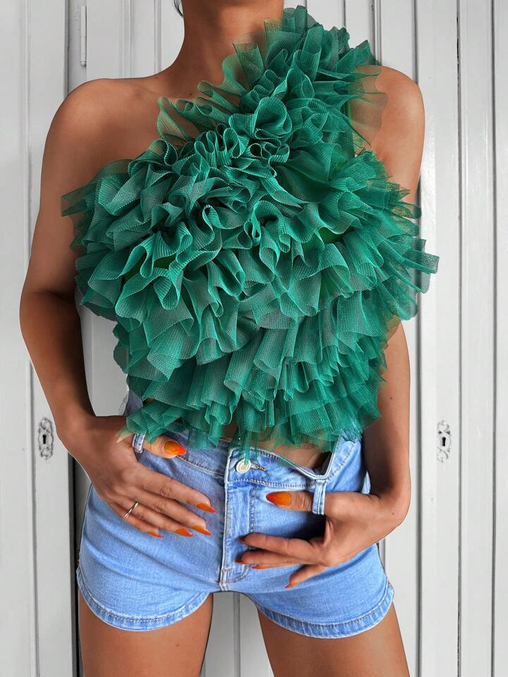 Top de un hombro de malla en contraste a capas ribete con fruncido | SHEIN