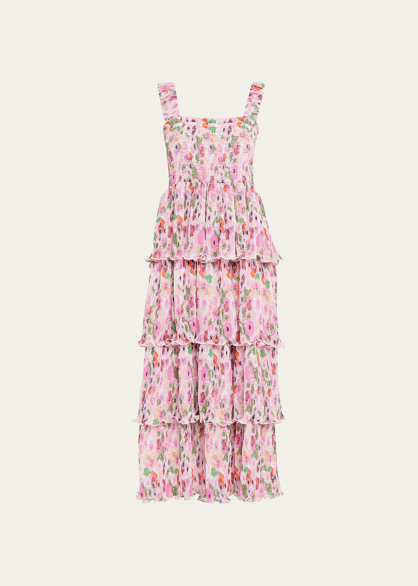 Ganni Floral Smocked Tiered Midi Dress | Bergdorf Goodman