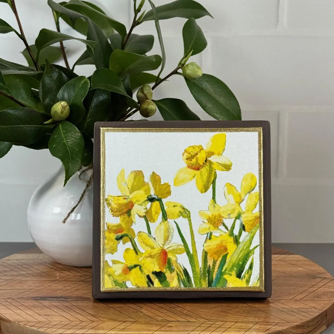 Spring Daffodils Canvas Print on Wood with Stand. Shelf Sitter Sign for tray, desk, bookshelf, ma... | Etsy (US)