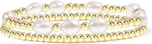 Gold Beaded Bracelets for Women Baroque Pearl Stackable14K Gold Plated Stretch Bead Ball Bracelet... | Amazon (US)