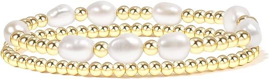 Gold Beaded Bracelets for Women Baroque Pearl Stackable14K Gold Plated Stretch Bead Ball Bracelet... | Amazon (US)