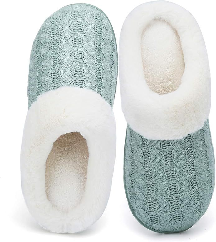 Women's Memory Foam Slippers Knitted Fur Collar House Shoes Anti-Skid Sole for Indoor & Outdoor | Amazon (US)