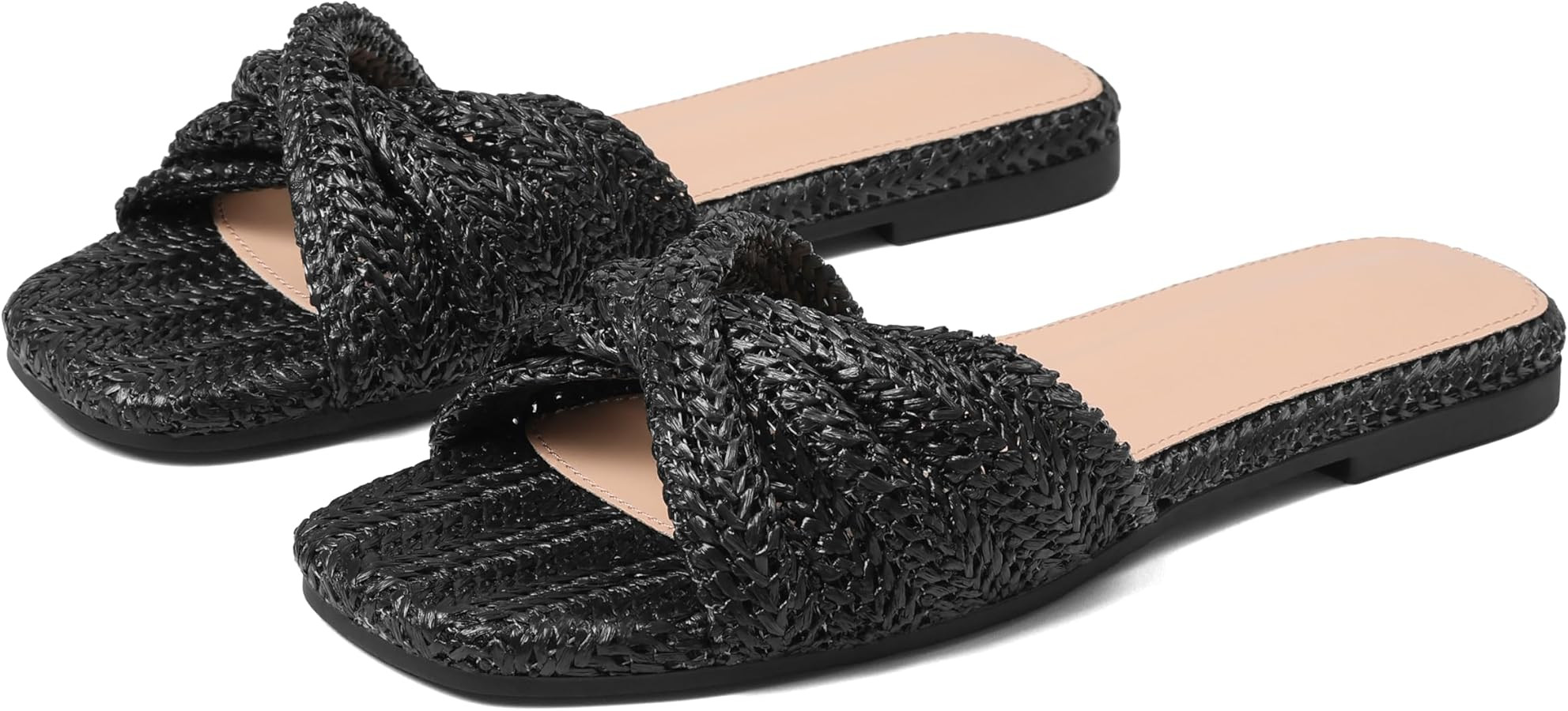 EQAUDES Raffia Flat Sandals for Women Straw Woven Braided Twist Slip On Slides - Summer, Open Toe... | Amazon (US)
