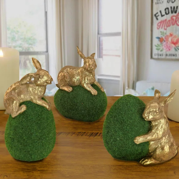 3 Piece Gold Bunny With Green Moss Egg Set | Wayfair North America