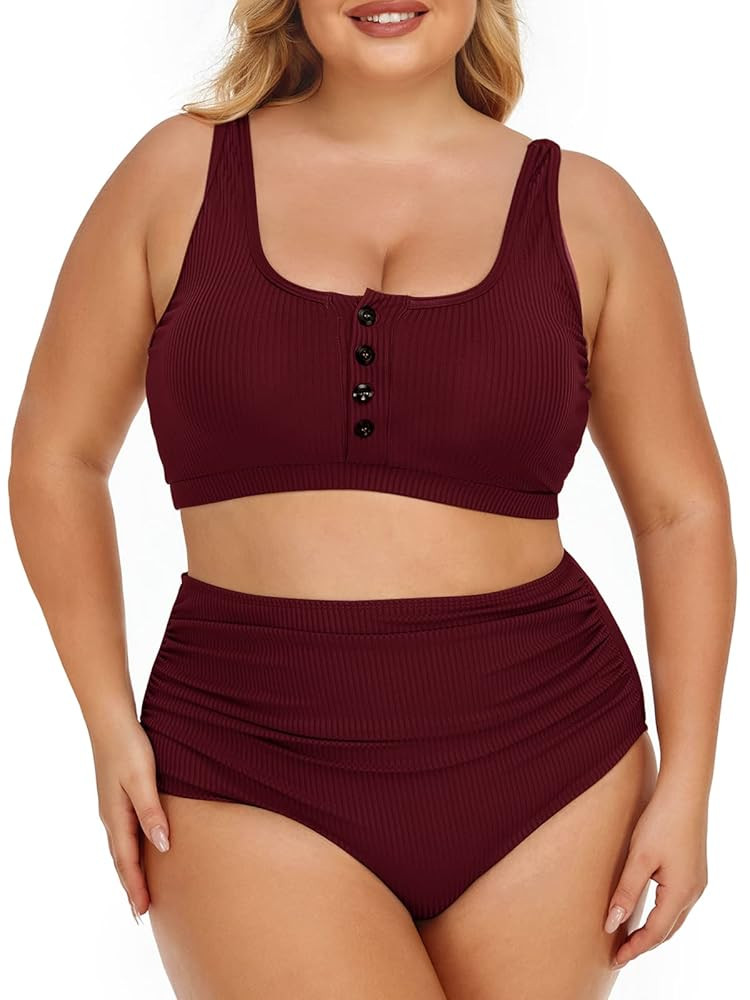 Summer Mae Plus Size Women Ribbed Bikini Set Two Piece High Waist Swimsuit Scoop Top Tummy Contro... | Amazon (US)