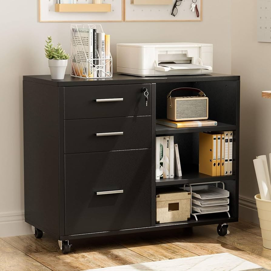 3 Drawer Mobile File Cabinet, Wood Lateral Printer Adjustable Open Storage Shelf, Lockable Wheels... | Amazon (US)