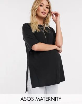 ASOS DESIGN Maternity relaxed longline t-shirt in rib with side splits in black | ASOS US