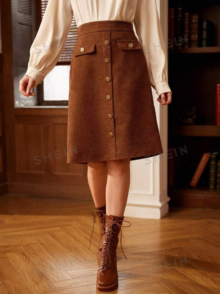 Vintamour Vintage Elegant Corduroy Women's Skirt, Brown Rust Color Metal Button College Style Ski... | SHEIN