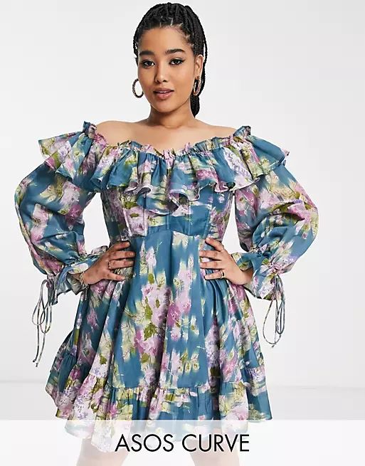 ASOS DESIGN Curve Exclusive off shoulder mini dress with ruffle detail in floral print | ASOS (Global)
