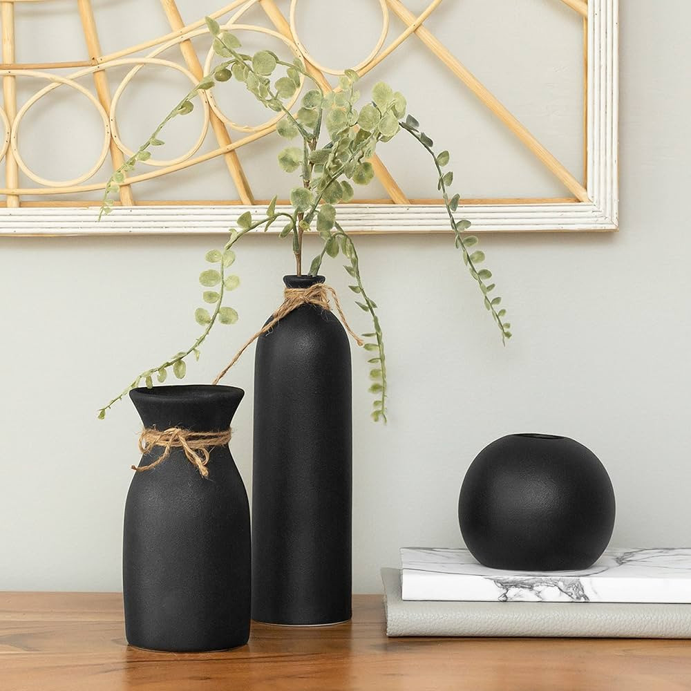Crutello Ceramic Vase Set - 3 Black Textured Vases - Rustic Vase Set, Perfect Home Decor for Mant... | Amazon (US)