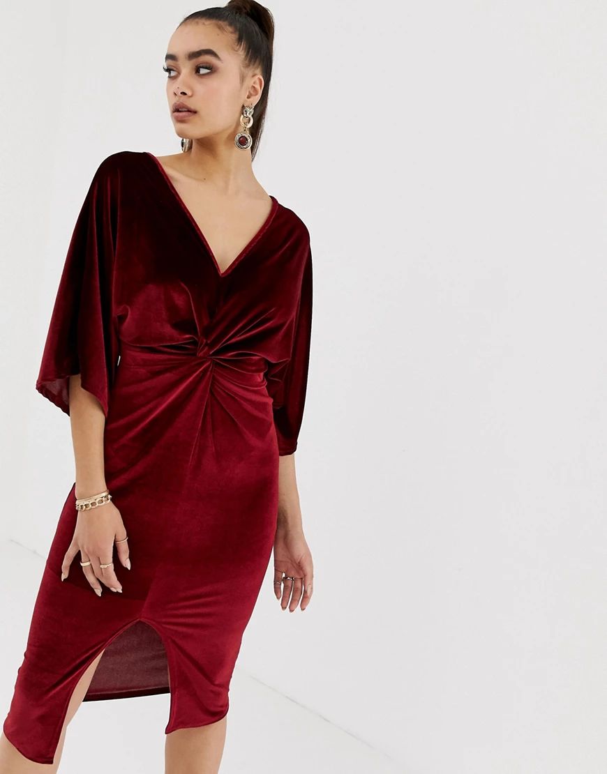 Missguided velvet plunge twist front midi dress in dark red | ASOS (Global)