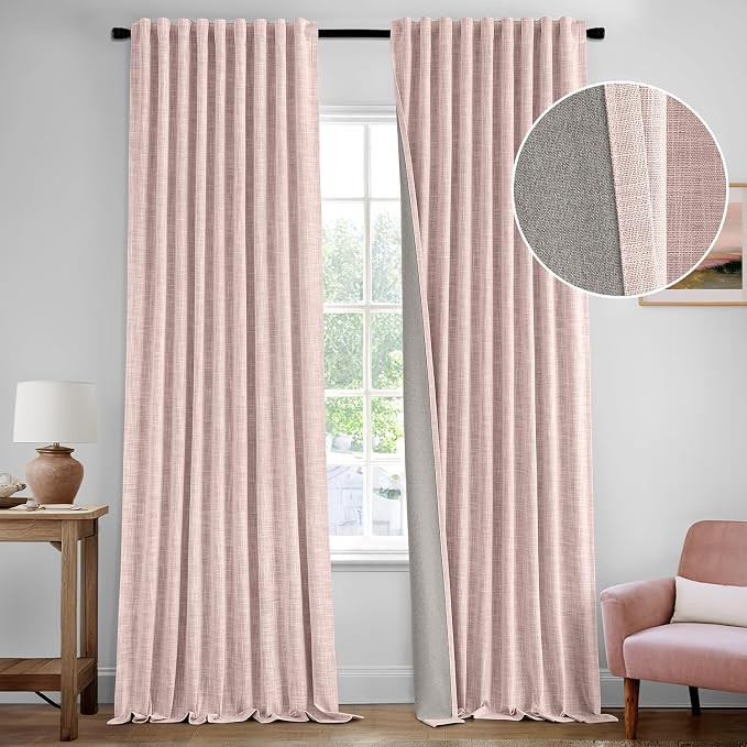 MIULEE Baby Pink 100% Blackout Linen Curtains 84 Inch 2 Panels Set Double Sided No Coating Pleate... | Amazon (US)