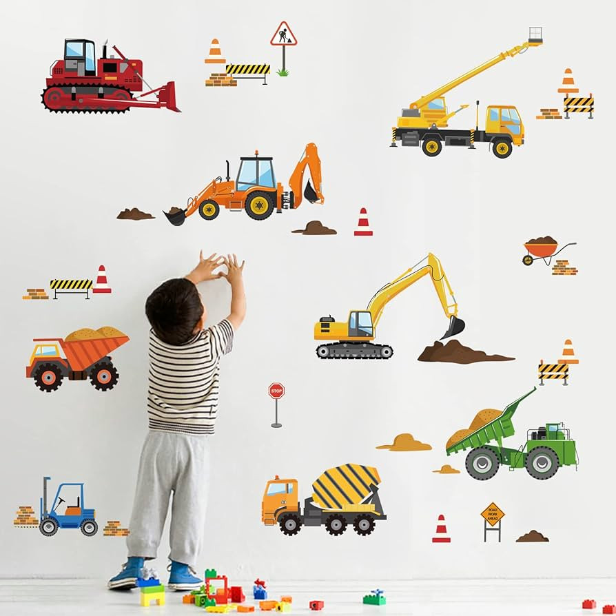 decalmile Construction Vehicles Wall Decals Tractor Excavator Crane Wall Stickers Kids Bedroom Bo... | Amazon (US)