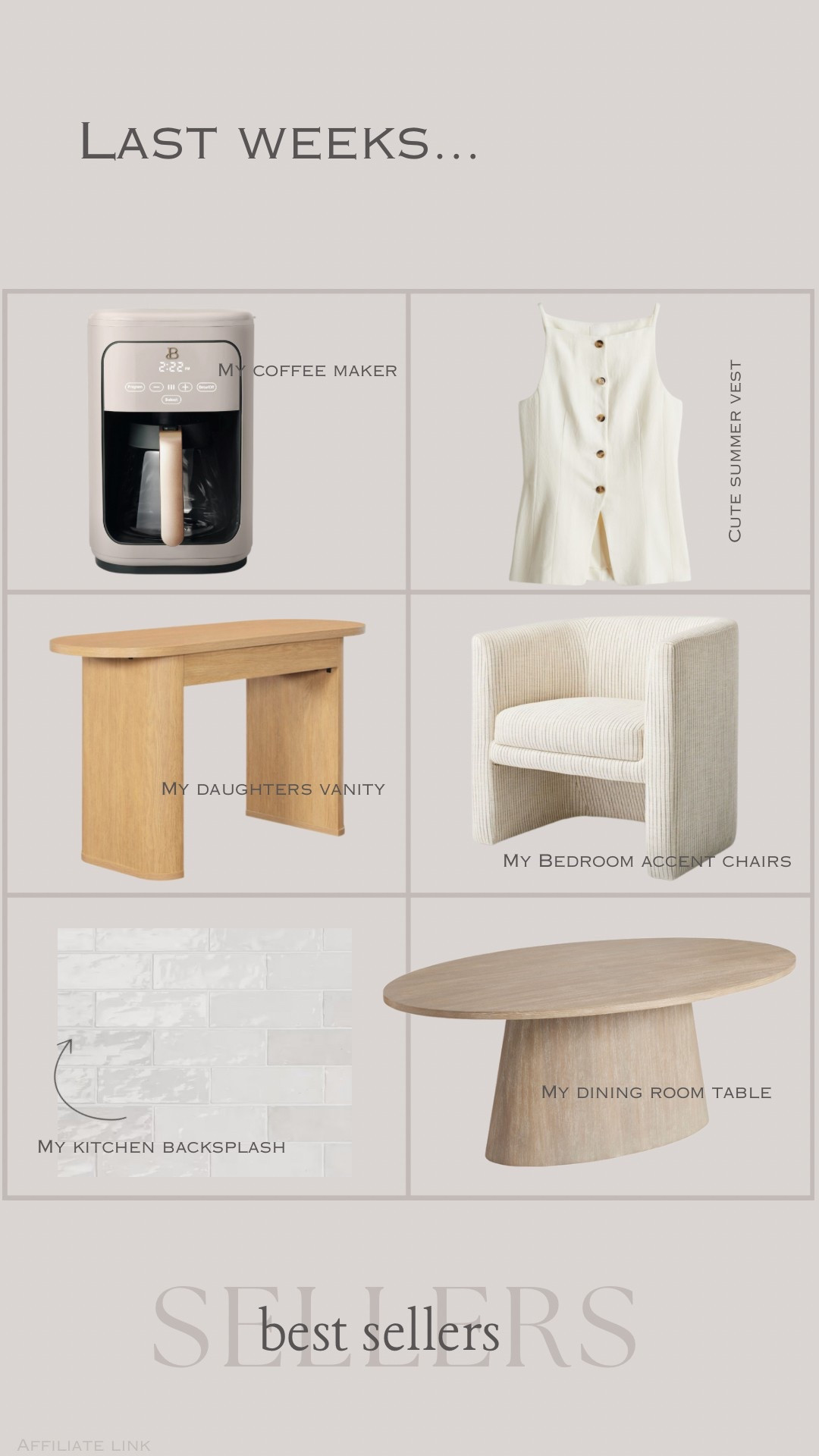 Last weeks Best Sellers 🤍


Dining table, oval table, backsplash, wall tile, accent chair, barrel chair, sitting area, vanity desk, writing desk, coffee maker, coffee machine, beautiful appliances, white vest, summer outfit 

#LTKHome #LTKSummerEdit #LTKSeasonal