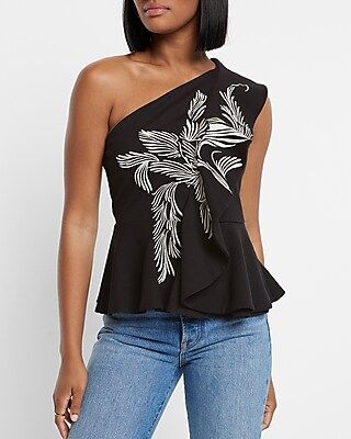 Embroidered One Shoulder Ruffle Peplum Top | Express