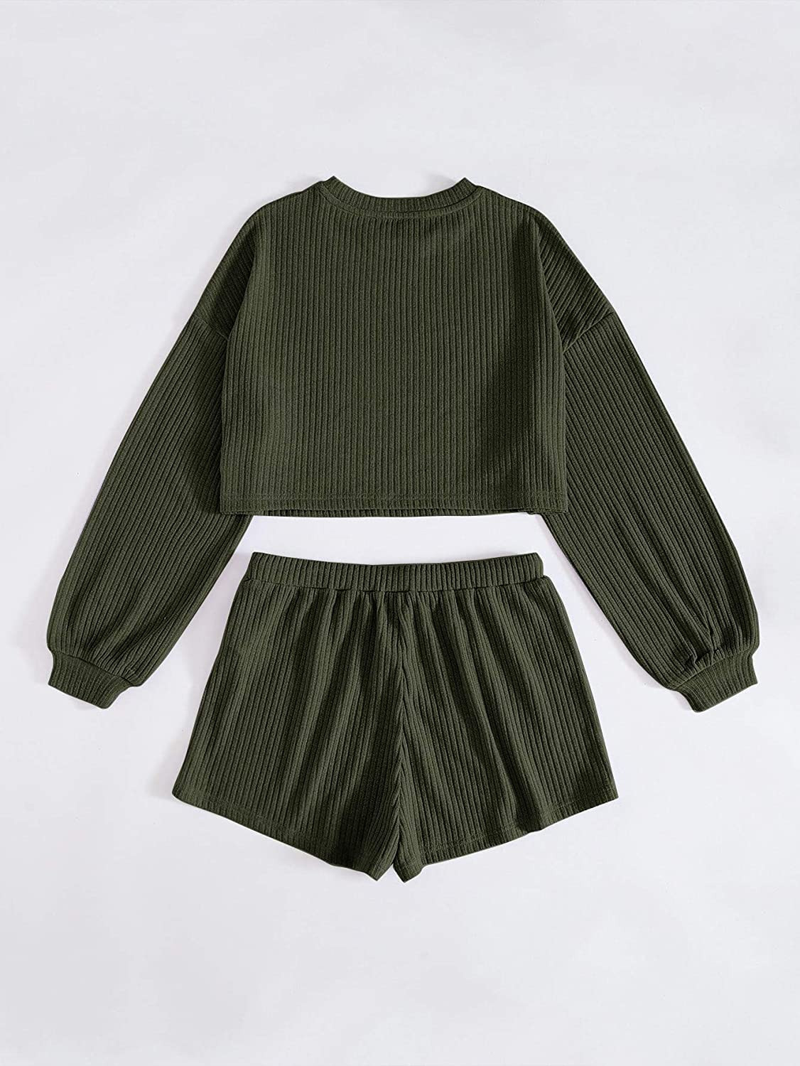 Verdusa Women's Rib Knit Long Sleeve Lounge Set 2 Piece PJ Set Nightwear Pajama Set Olive Green X... | Amazon (US)