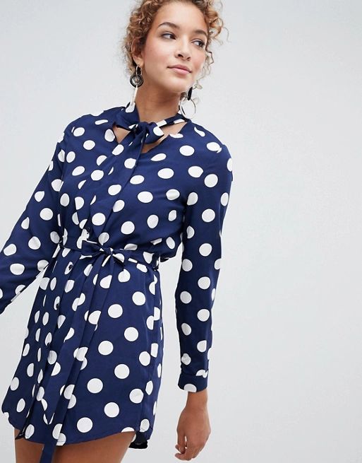 Parisian polka dot shirt dress with tie waist and pussy bow | ASOS US