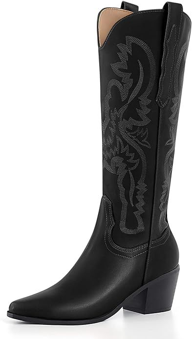 Womens Cowboy Knee High Boots Wide Calf Chunky Heel Pointed Toe Embroidered Western Pull On Cowgi... | Amazon (US)