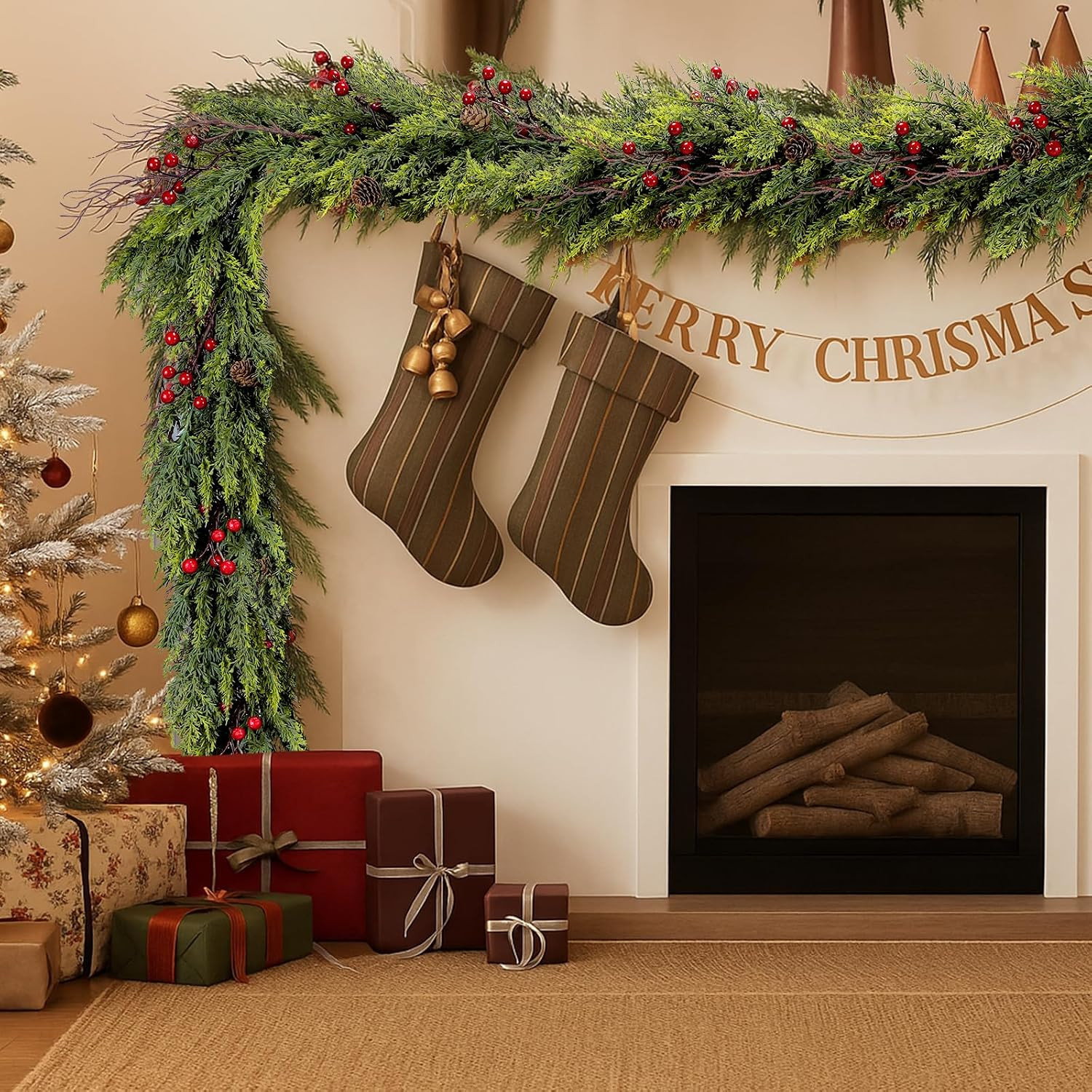 Faux Cedar Christmas Garland with Red Berries & Pine Cones – Full Faux Winter Greenery for Holiday Mantel, Staircase, Doorway, Indoor Outdoor Christmas Décor (6FT-Lush Cedar) | Amazon (US)