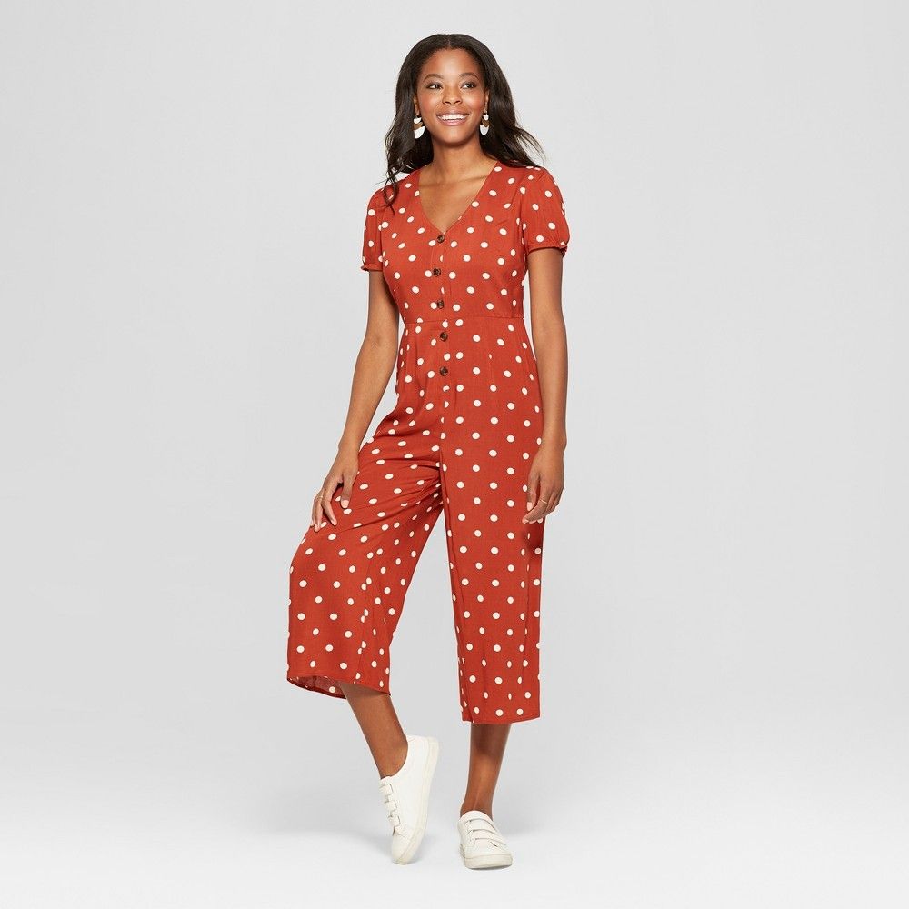 Women's Polka Dot Short Sleeve Button Front Tie Back Cropped Jumpsuit - Xhilaration Rust (Red) M | Target