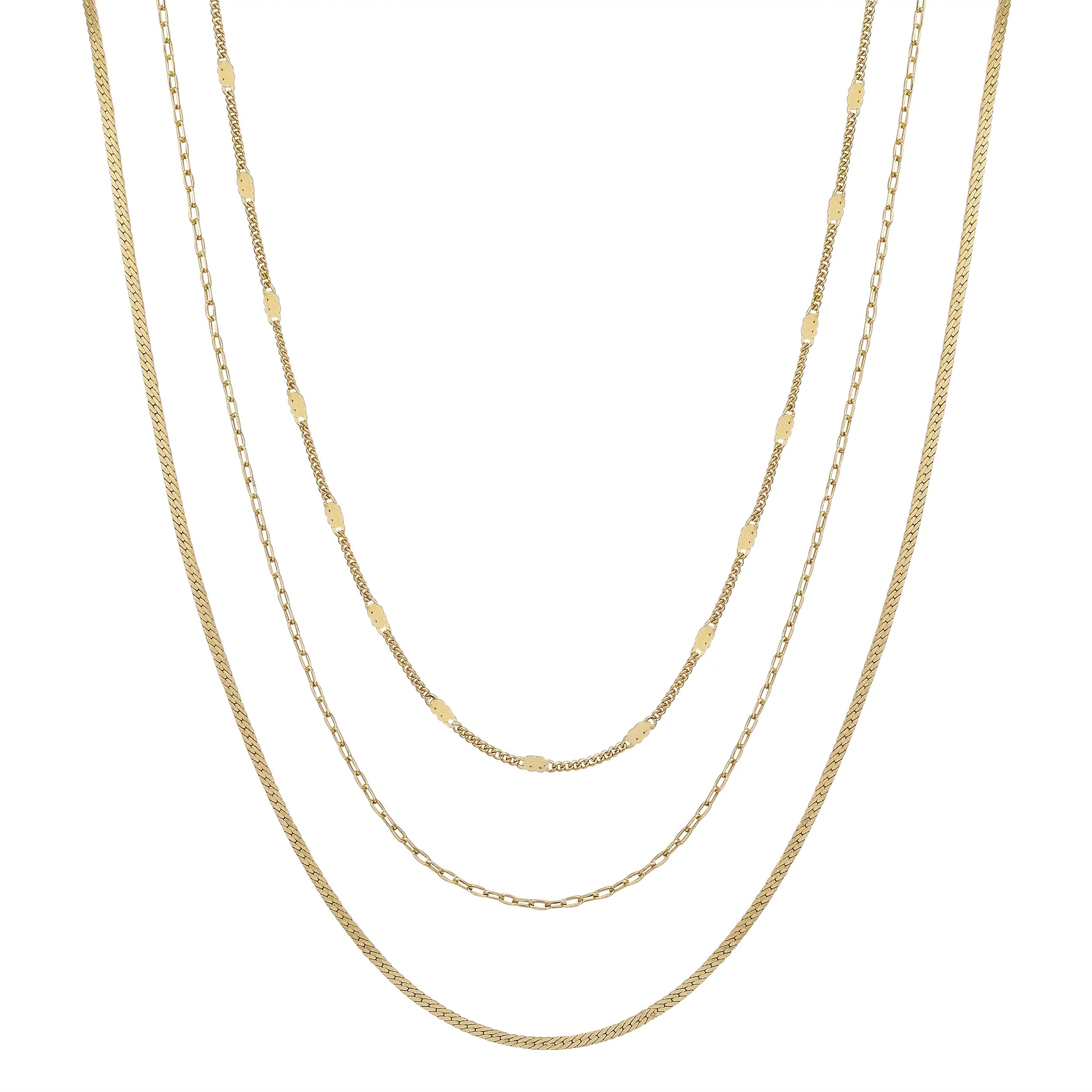 14K Gold Flash-Plated Herringbone, Flat Cable Link, and Link Chain 3-Piece Set with Extenders | Walmart (US)