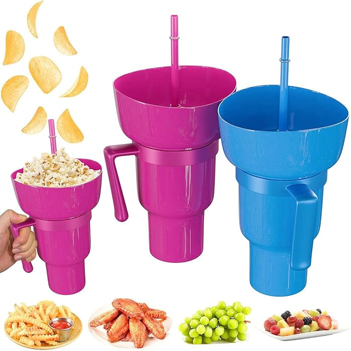 Snack and Drink Cup Combo – 2-in-1 Portable Popcorn Bowl with Straw, Leak-Proof Drink Holder, R... | Amazon (US)