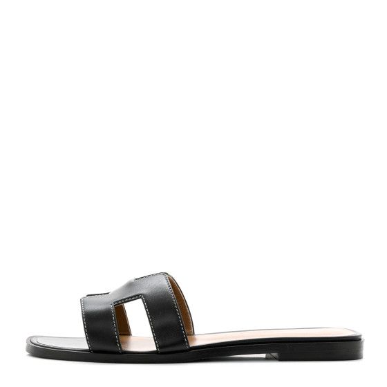 HERMES Box Calfskin Oran Sandals 36.5 Black | FASHIONPHILE (US)