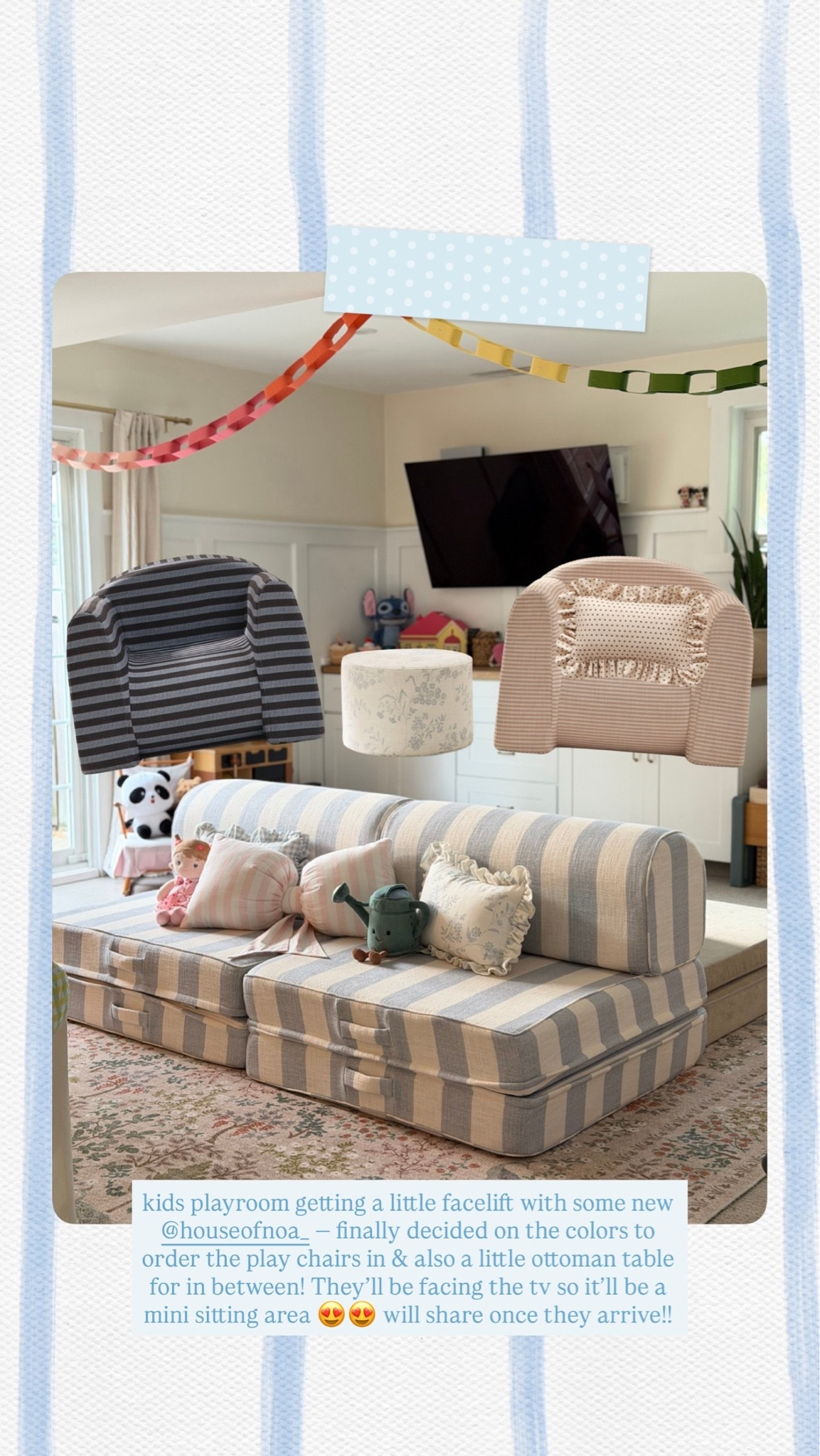 The kids play chairs I went with! They are seriously too cute. Also ordered the little ottoman for in between so it’s a mini sitting area behind their play couch. LOVE House of Noa play furniture — it’s superior!!!! 

Play couch, play chairs (large size), ruffled pillows, soft furniture, whimsical playroom

#LTKmomlife #LTKHome #LTKKids