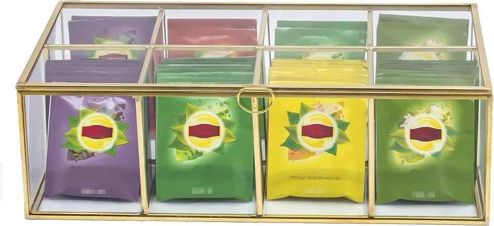 NCYP 12" x 7.1" x 3.7" Glass Box for Tea Bags Organizer, Sugar Packets Storage - 8 Grids Compartm... | Amazon (US)