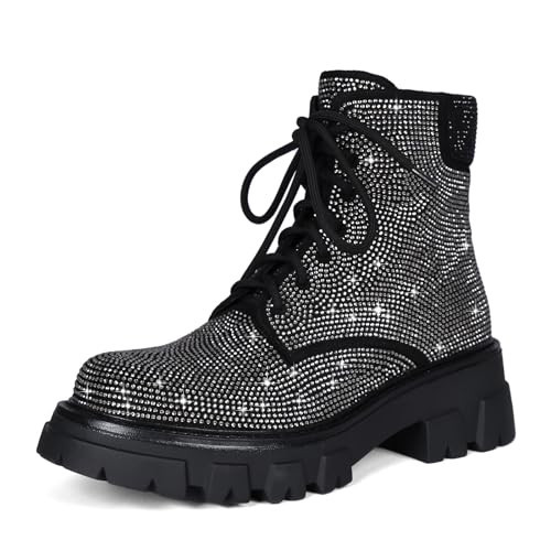 Wavyvigs Black Rhinestone Combat Boots Platform Chunky Heel Lace Up Sparkle Ankle Boots Side Zipper Grey US 8 | Amazon (US)