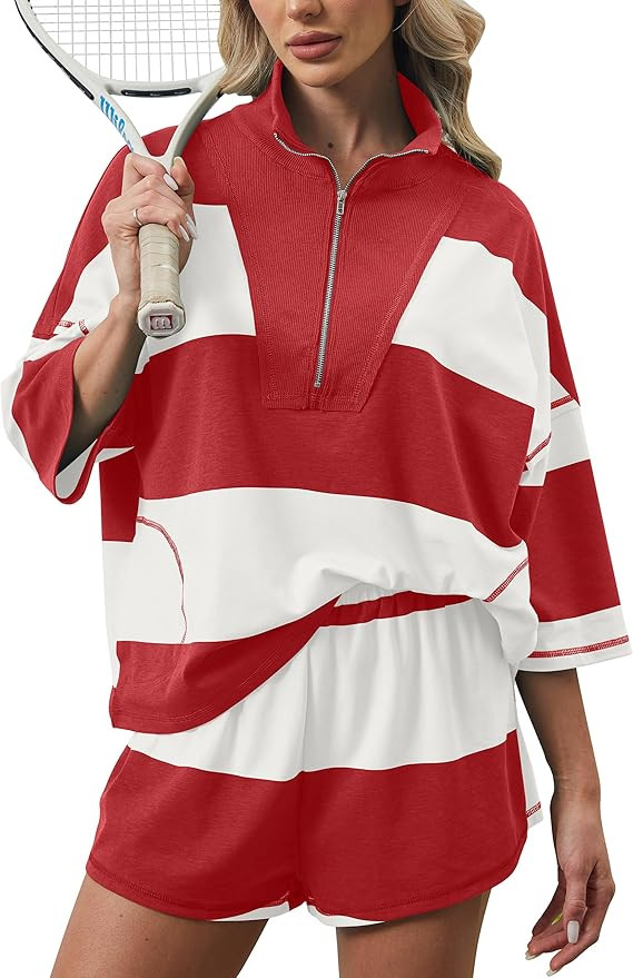 Women Two Piece Workout Short Sets Striped Lounge Set Oversized Half Sleeve Shirt and Shorts Tenn... | Amazon (US)