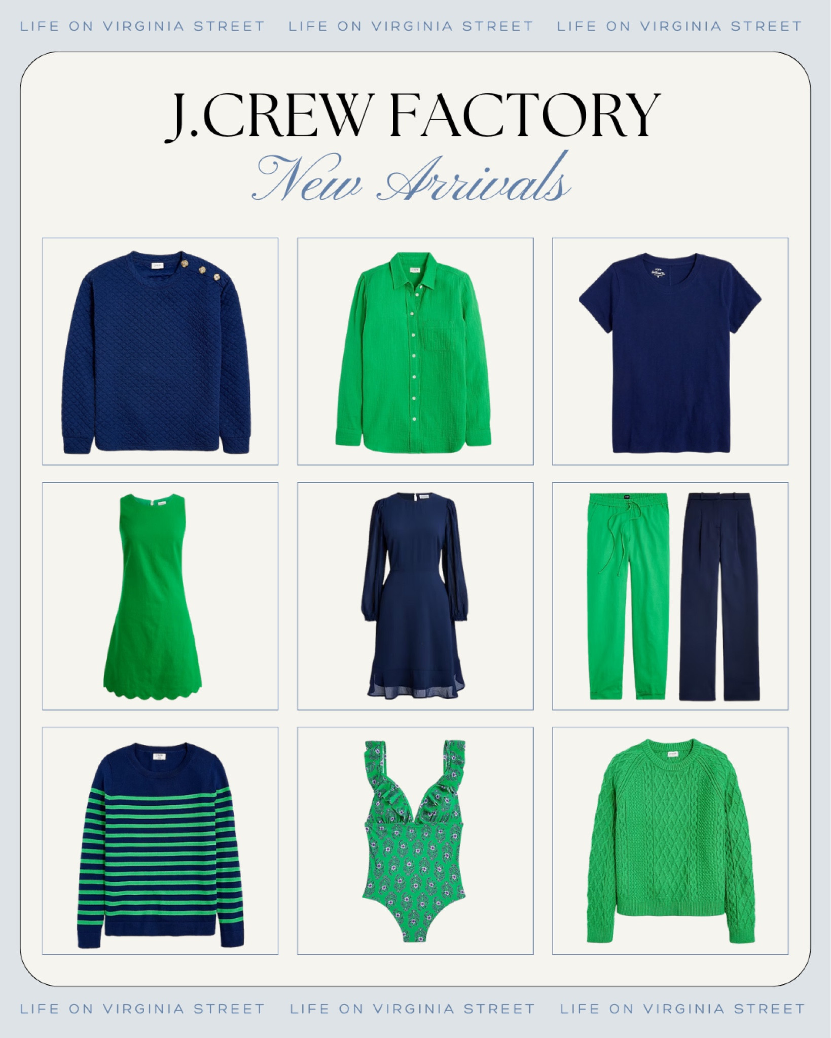 The cutest new spring outfits and arrivals from J. Crew Factory! I’m loving this navy blue and Kelly green color combination! Items included a quilted sweatshirt with button collar, scalloped shift dress ,gauze shirt, perfect fit t-shirts, striped sweater, cute trousers, block print swim suit, cardigan and more!
.
#ltkfindsunder50 #ltkfindsunder100 #ltksalealert #ltkworkwear #ltkmidsize #ltkover40 #ltkhome #ltkstyletip work outfits, Easter dress ideas, resort wear, preppy clothes 

#LTKSeasonal #LTKfindsunder50