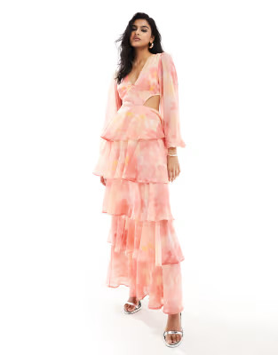 Pretty Lavish balloon sleeve tiered midaxi dress in pink floral | ASOS (Global)
