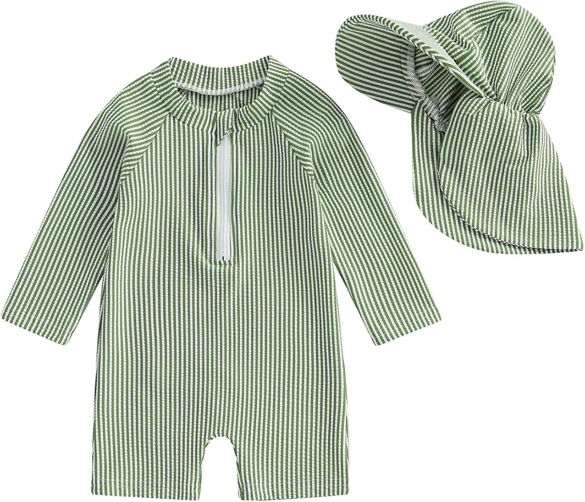 Baby Boys Girls Swimsuit One Piece Striped Zipper Bathing Suit Rash Guard Long Sleeve Seersucker ... | Amazon (US)