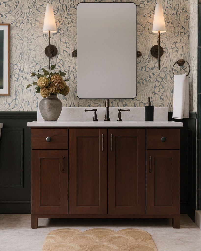 Featuring rich dark green wainscoting, bold floral wallpaper, elegant bronze fixtures, and a stunning wood vanity, this timeless look blends charm and function beautifully. 🌿

✅ Shop the look now
✅ Perfect for small-to-medium spaces
✅ Budget-friendly luxury

📌 Save this design for your next remodel and tap the link to bring this look home today!

#BathroomDesign #InteriorInspo #HomeRenovation #TraditionalBathroom #EclecticStyle #TimelessInteriors #BathroomGoals #DesignToSell #HomeUpgrade #BathroomRemodel #ShopTheLook

#LTKHome #LTKSaleAlert #LTKStyleTip
