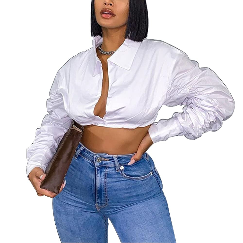 Azhong Women's Collared Puff Long Sleeve Deep V Neck Button Crop Top Blouse Shirt | Amazon (US)