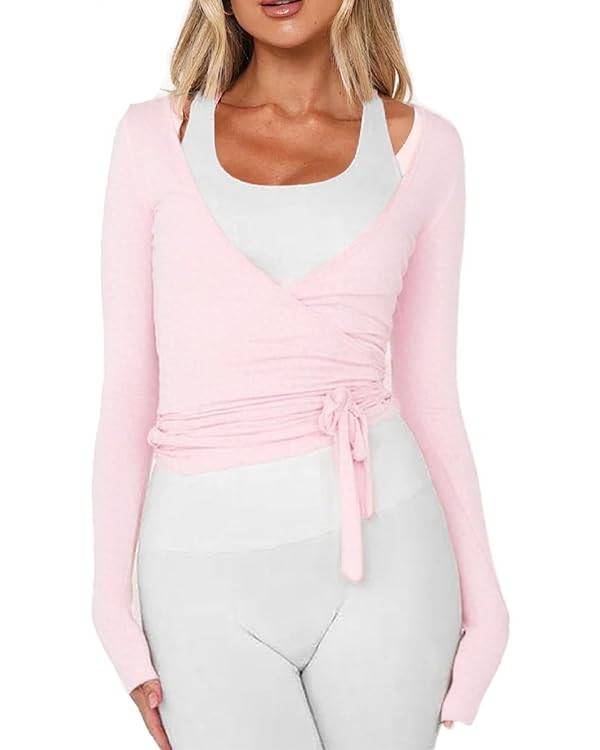 Women Wrap Tie Top Y2k Long SLeeve Ballet Workout Yoga Shirt Coquette Blouses | Amazon (US)
