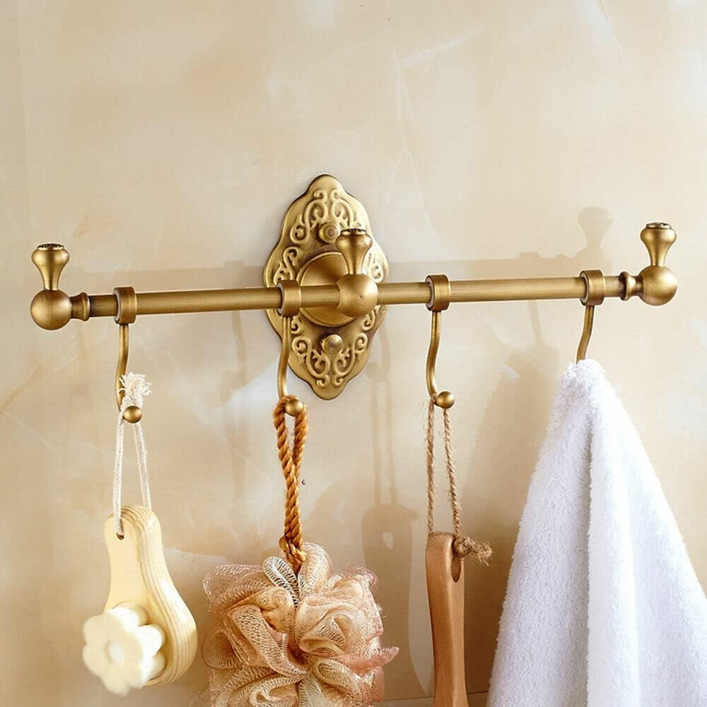 RustyVioum Wall Mounted Brass Towel Bar with 4 Hooks, European Retro Brass Towel Hook Rack, Antique Brass Bathroom Towel Hook Rack for Entryway Bathroom Bedroom, 14.17 * 2.95inch | Amazon (US)