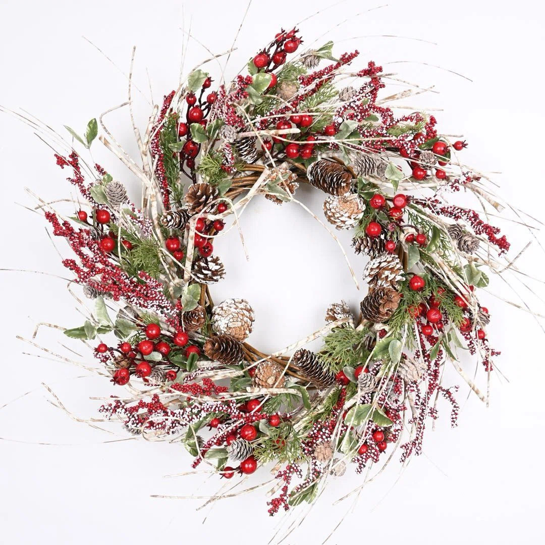 26" Farmhouse Berry Pine Winter Christmas Birch Wreath for Front Door | AllModern